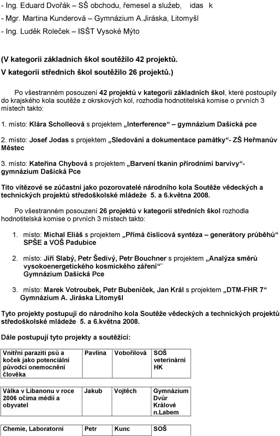 ) Po všestranném posouzení 42 projektů v kategorii základních škol, které postoupily do krajského kola soutěže z okrskových kol, rozhodla hodnotitelská komise o prvních 3 místech takto: 1.