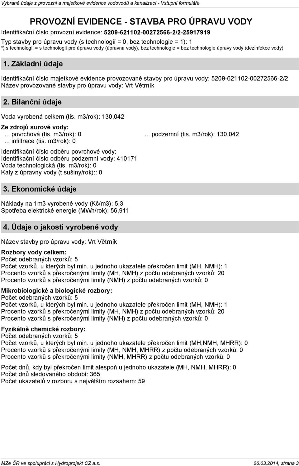 Základní údaje Identifikační číslo majetkové evidence provozované stavby pro úpravu vody: 5209-621102-00272566-2/2 Název provozované stavby pro úpravu vody: Vrt Větrník 2.