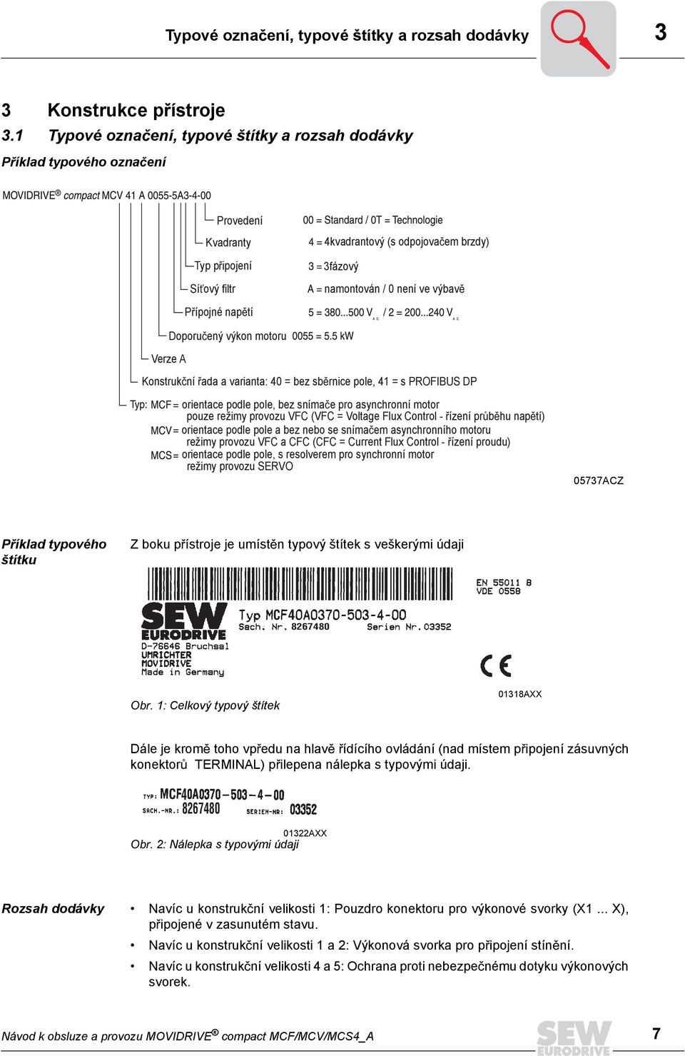 ípojné nap tí Doporu ený výkon motoru Verze A Konstruk ní ada a varianta: 40 = bez sb rnice pole, 41 = s PROFIBUS DP orientace podle pole, bez sníma e pro asynchronní motor pouze režimy provozu VFC