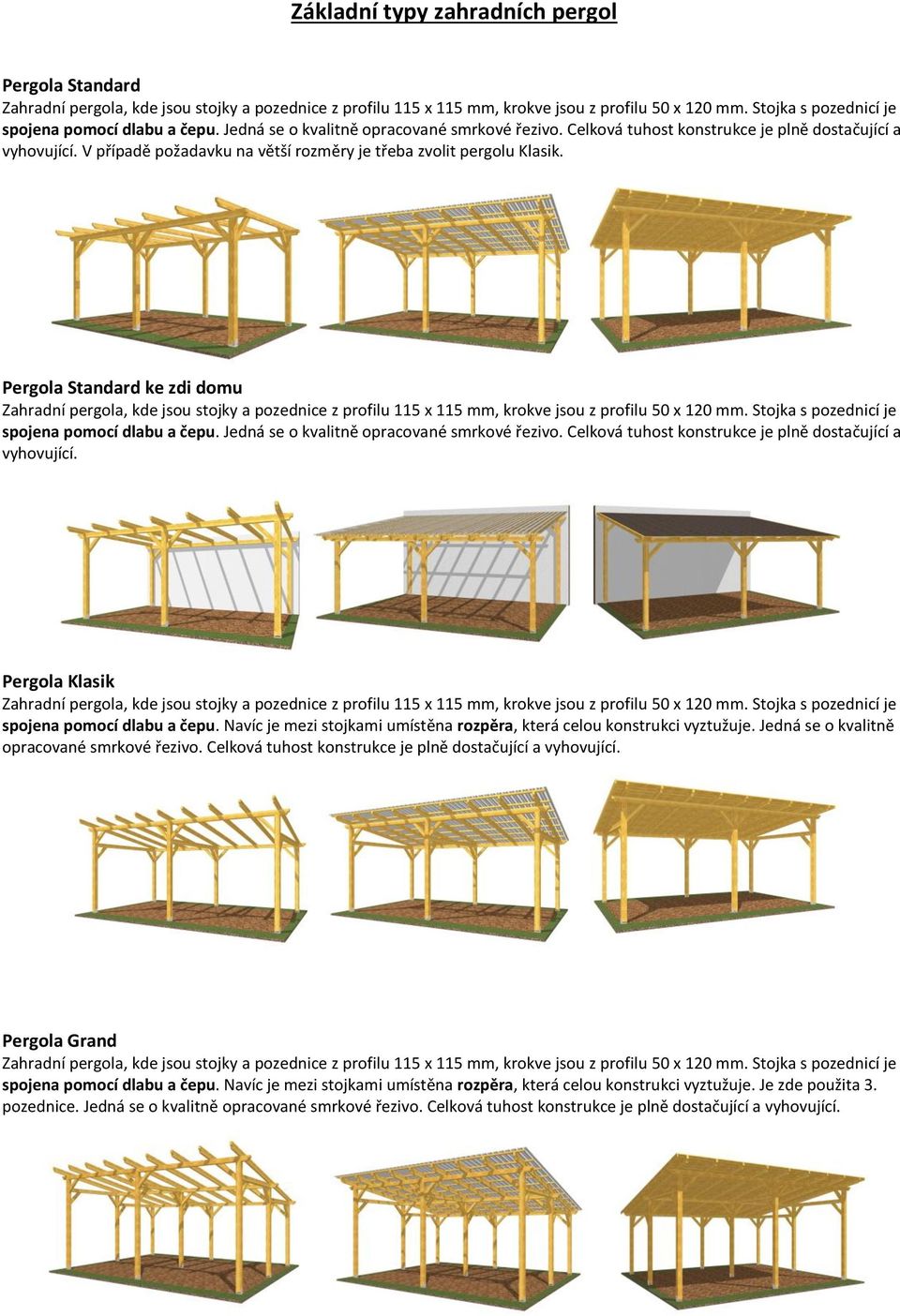 Pergola Standard ke zdi domu Zahradní pergola, kde jsou stojky a pozednice z profilu 115 x 115 mm, krokve jsou z profilu 50 x 120 mm. Stojka s pozednicí je vyhovující.