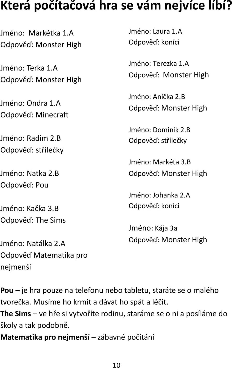 A Odpověď: Monster High Jméno: Anička 2.B Odpověď: Monster High Jméno: Dominik 2.B Odpověď: střílečky Jméno: Markéta 3.B Odpověď: Monster High Jméno: Johanka 2.