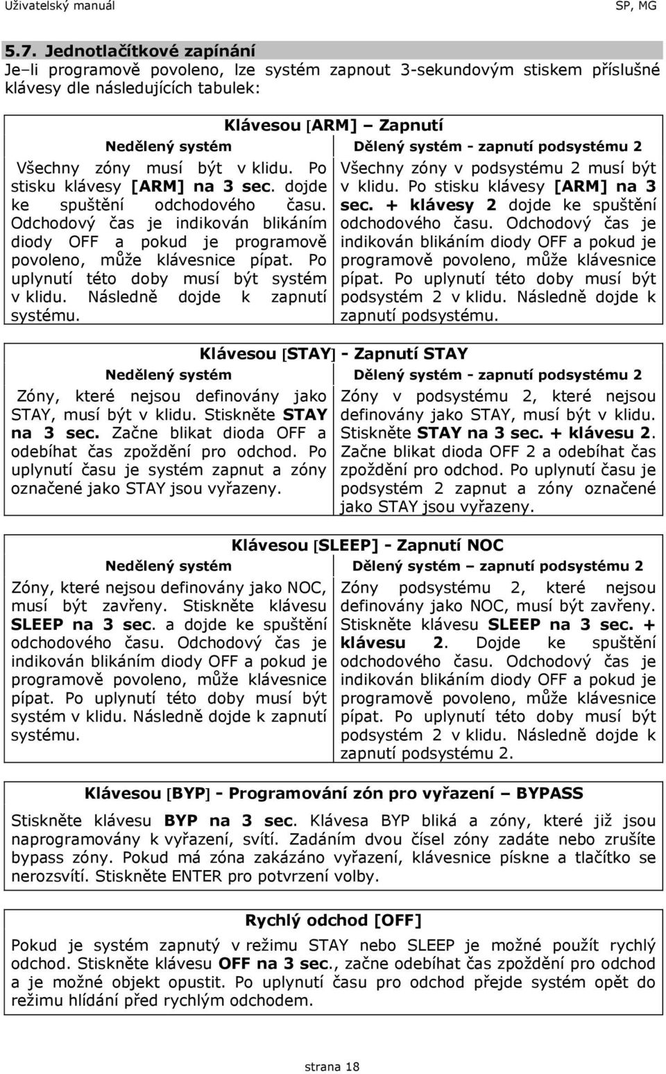 podsystému 2 Všechny zóny musí být v klidu. Po stisku klávesy [ARM] na 3 sec. dojde ke spuštění odchodového času.