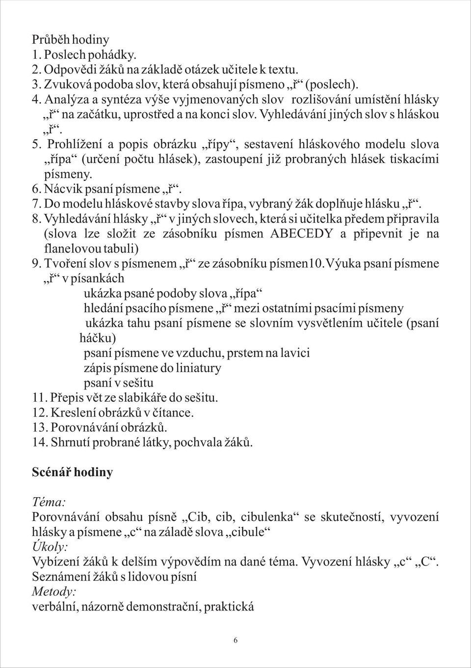 Prohlížení a popis obrázku øípy, sestavení hláskového modelu slova øípa (urèení poètu hlásek), zastoupení již probraných hlásek tiskacími písmeny. 6. Nácvik psaní písmene ø. 7.