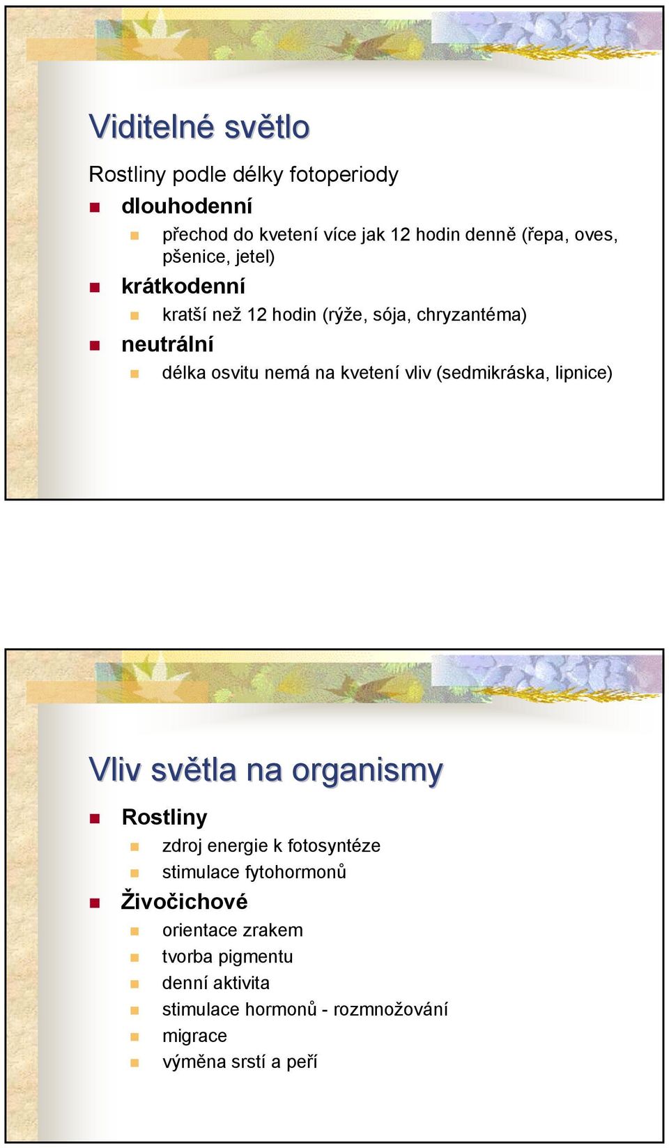 kvetení vliv (sedmikráska, lipnice) Vliv světla na organismy Rostliny zdroj energie k fotosyntéze stimulace