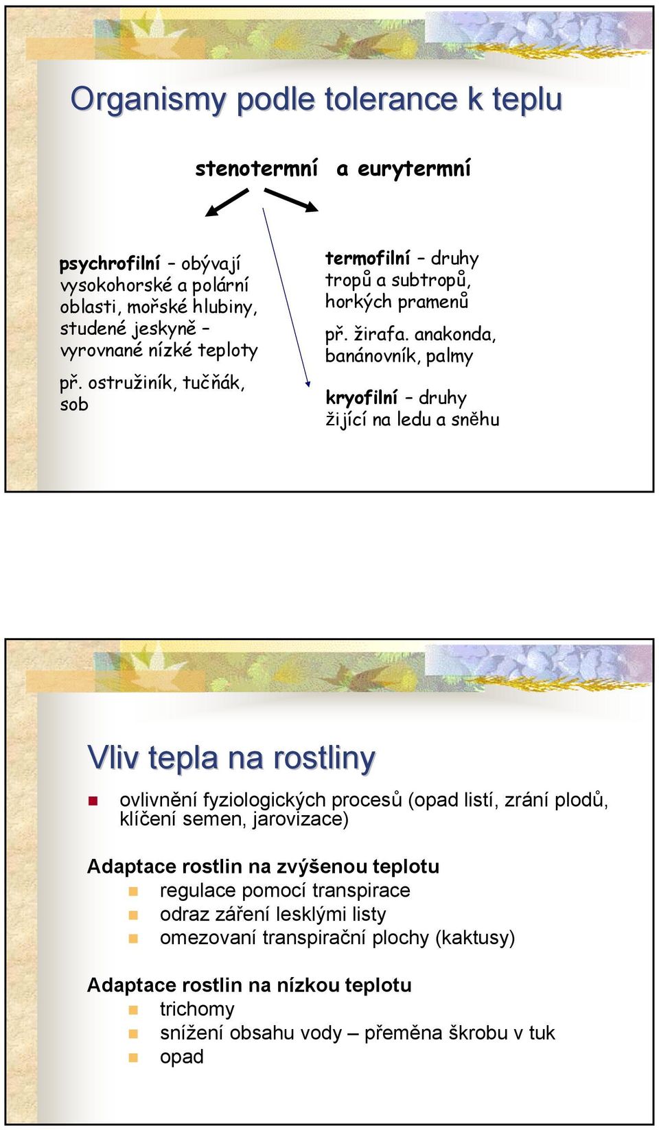 anakonda, banánovník, palmy kryofilní druhy žijící na ledu a sněhu Vliv tepla na rostliny ovlivnění fyziologických procesů (opad listí, zrání plodů, klíčení semen,