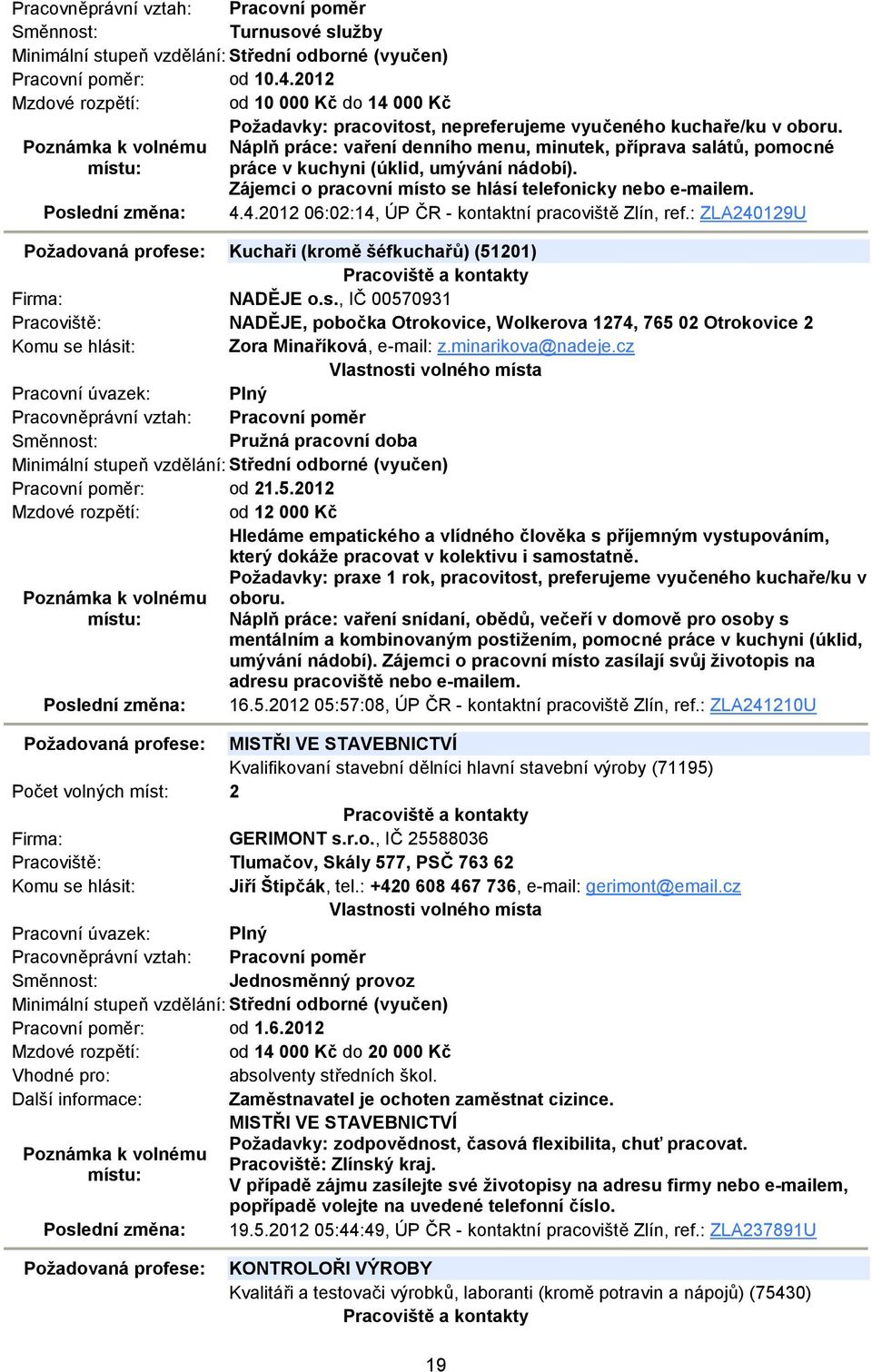 4.2012 06:02:14, ÚP ČR - kontaktní pracoviště Zlín, ref.: ZLA240129U Požadovaná profese: Kuchaři (kromě šéfkuchařů) (51201) NADĚJE o.s., IČ 00570931 NADĚJE, pobočka Otrokovice, Wolkerova 1274, 765 02 Otrokovice 2 Zora Minaříková, e-mail: z.