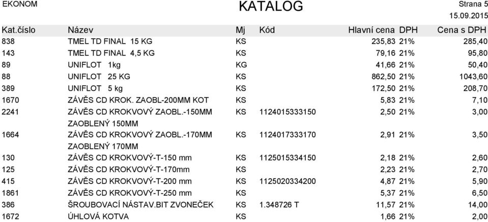 -170MM KS 1124017333170 2,91 21% 3,50 ZAOBLENÝ 170MM 130 ZÁVĚS CD KROKVOVÝ-T-150 mm KS 1125015334150 2,18 21% 2,60 125 ZÁVĚS CD KROKVOVÝ-T-170mm KS 2,23 21% 2,70 415 ZÁVĚS CD