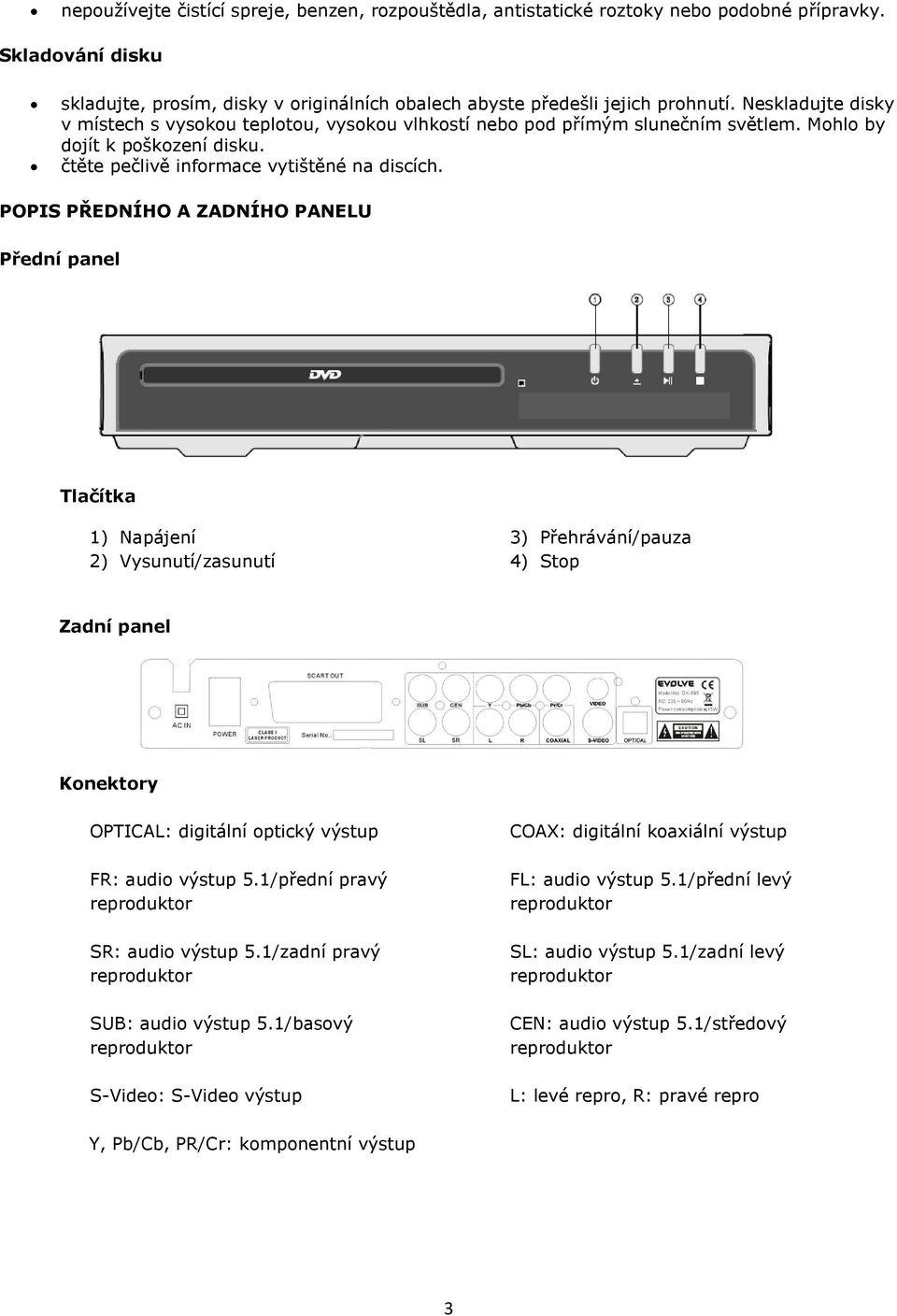 POPIS PŘEDNÍHO A ZADNÍHO PANELU Přední panel Tlačítka 1) Napájení 2) Vysunutí/zasunutí 3) Přehrávání/pauza 4) Stop Zadní panel Konektory OPTICAL: digitální optický výstup FR: audio výstup 5.