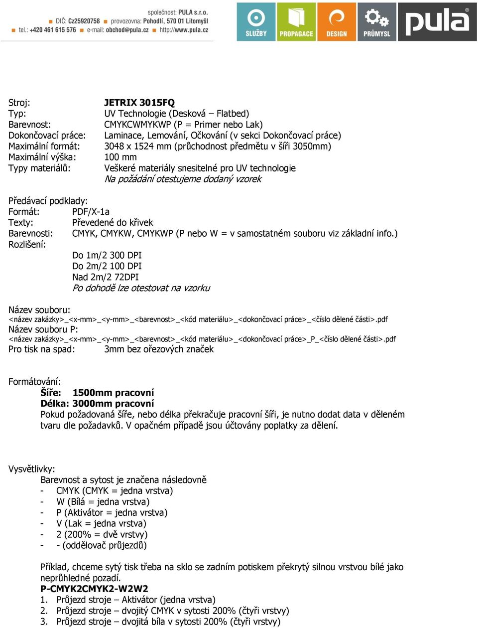 Převedené do křivek Barevnosti: CMYK, CMYKW, CMYKWP (P nebo W = v samostatném souboru viz základní info.