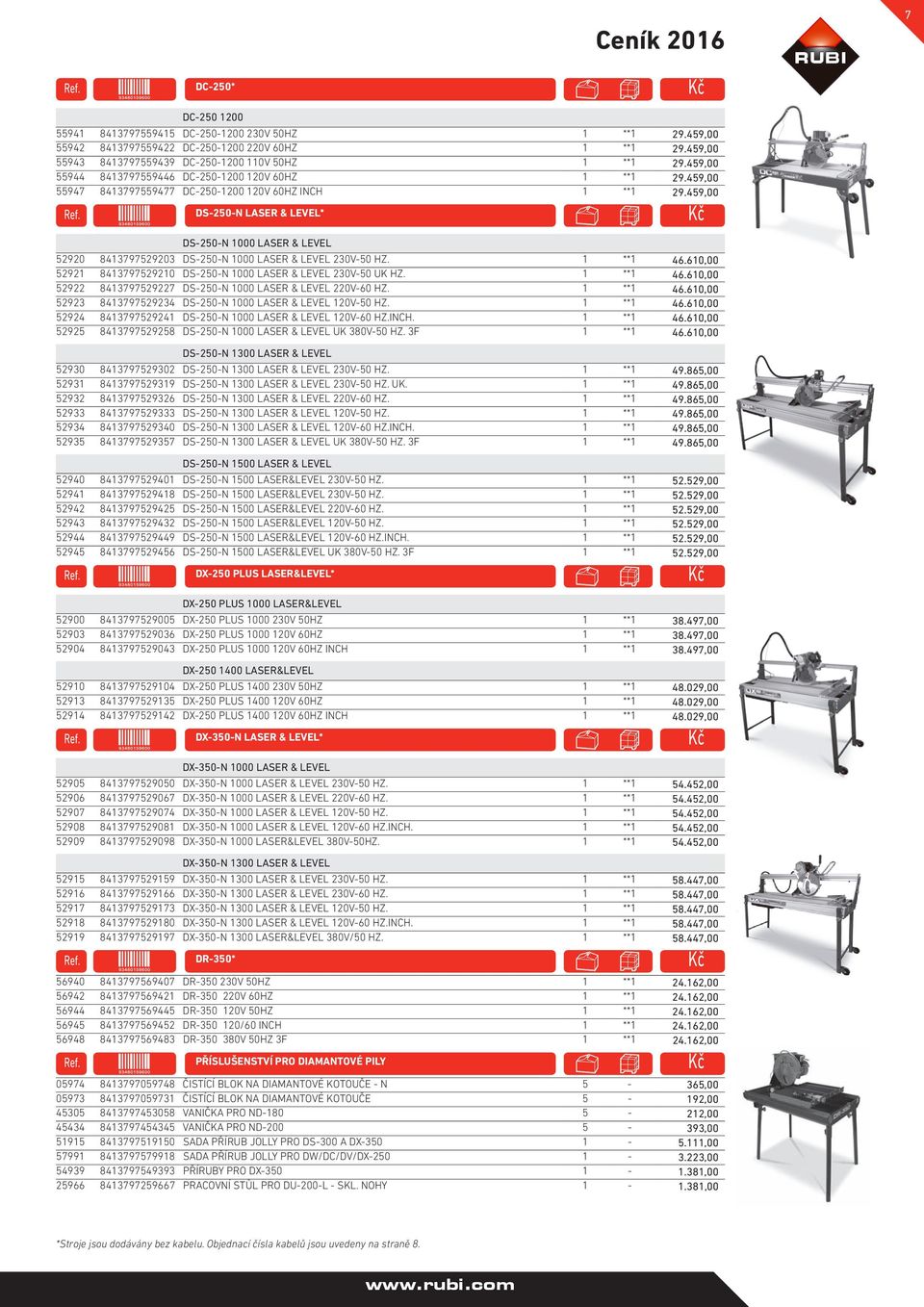 459,00 55947 8413797559477 DC-250-1200 120V 60HZ INCH 1 **1 29.459,00 DS-250-N LASER & LEVEL* Kč DS-250-N 1000 LASER & LEVEL 52920 8413797529203 DS-250-N 1000 LASER & LEVEL 230V-50 HZ. 1 **1 46.