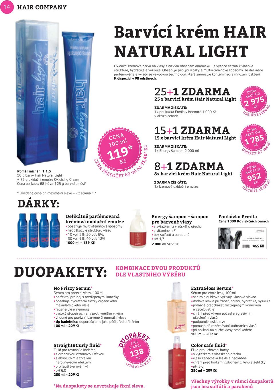 25+1 ZDARMA 25 x barvicí krém Hair Natural Light 1x poukázka Ermila v hodnotě 1 000 v akčích cenách od 2 975 ušetříte 1 000 Poměr míchání 1:1,5 50 g barvy Hair Natural Light + 75 g oxidační emulze