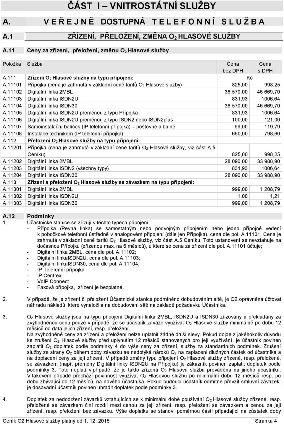 11101 Přípojka (cena je zahrnutá v základní ceně tarifů O 2 Hlasové služby) 825,00 998,25 A.11102 Digitální linka 2MBL 38 570,00 46 669,70 A.11103 Digitální linka ISDN2U 831,93 1006,64 A.