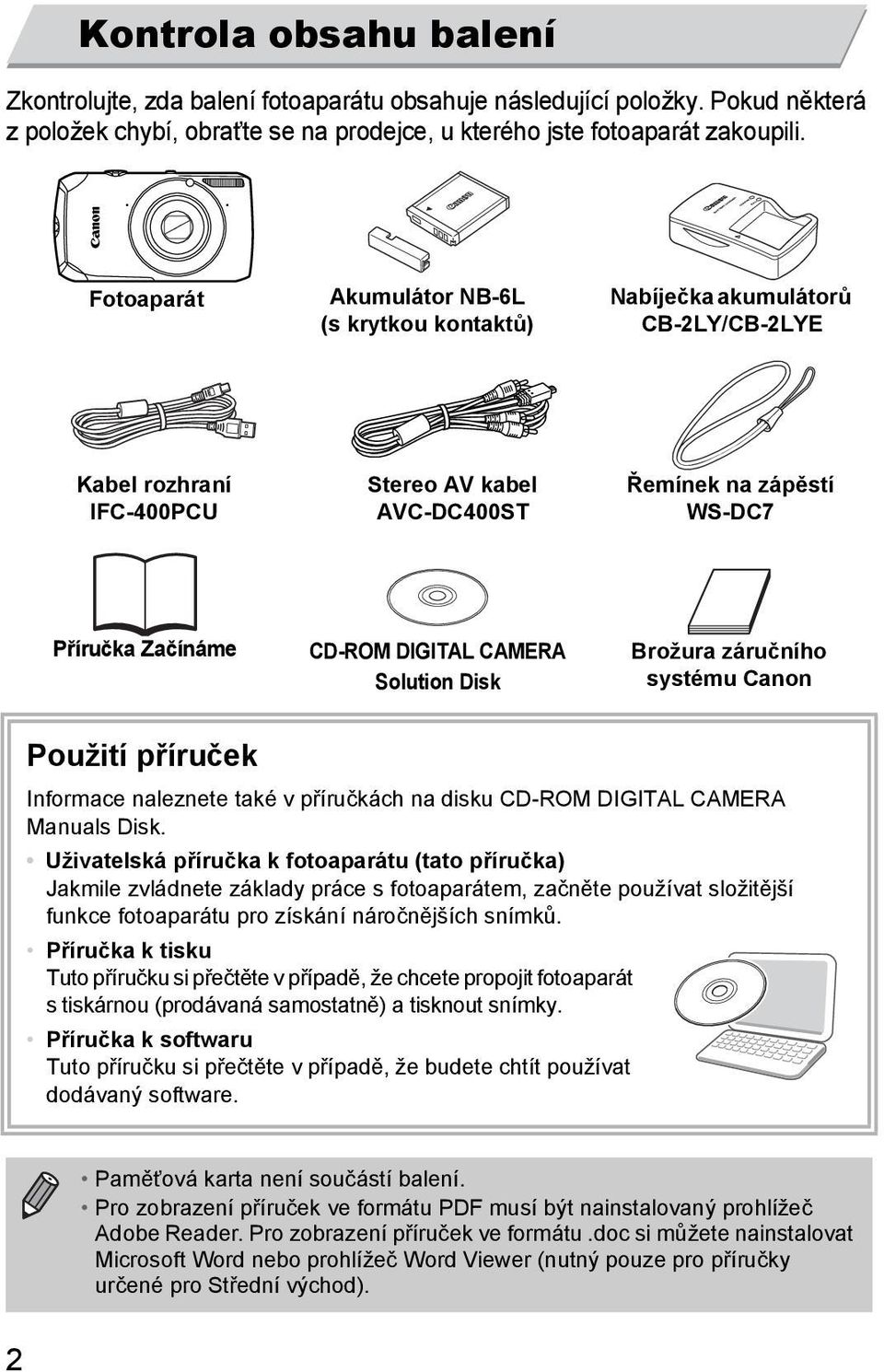 CAMERA Solution Disk Brožura záručního systému Canon Použití příruček Informace naleznete také v příručkách na disku CD-ROM DIGITAL CAMERA Manuals Disk.