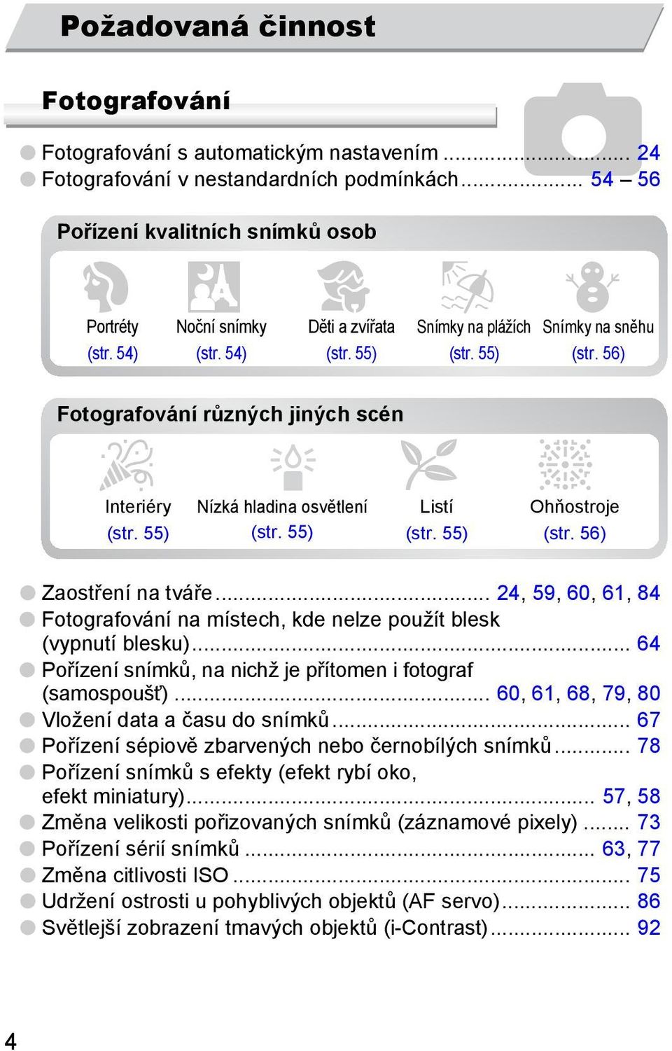 55) Listí (str. 55) Ohňostroje (str. 56) Zaostření na tváře... 24, 59, 60, 61, 84 Fotografování na místech, kde nelze použít blesk (vypnutí blesku).