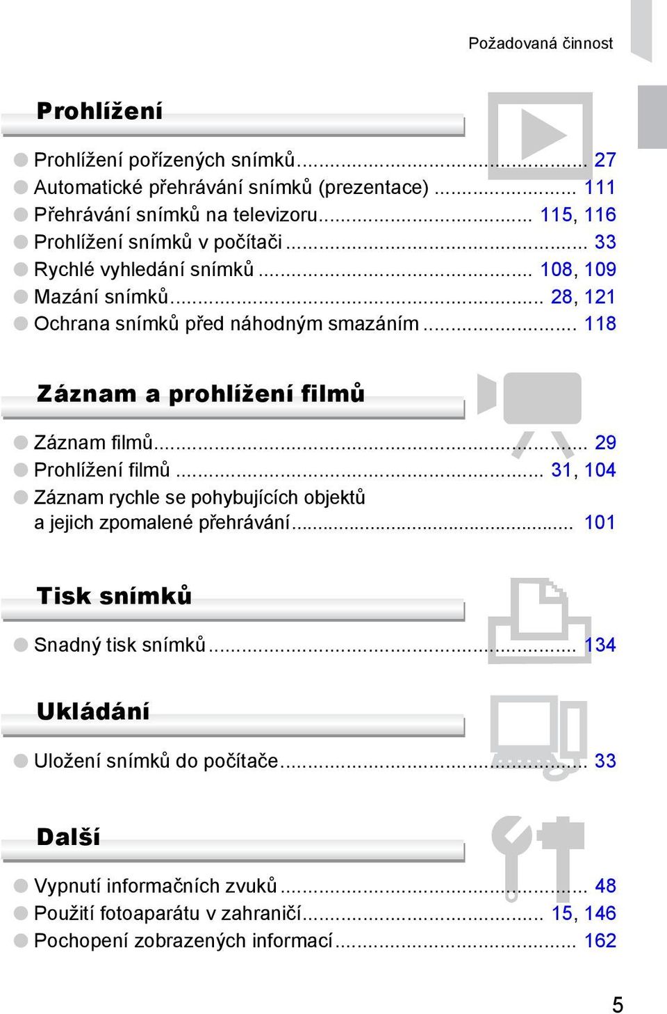 .. 118 Záznam a prohlížení filmů E Záznam filmů... 29 Prohlížení filmů... 31, 104 Záznam rychle se pohybujících objektů a jejich zpomalené přehrávání.