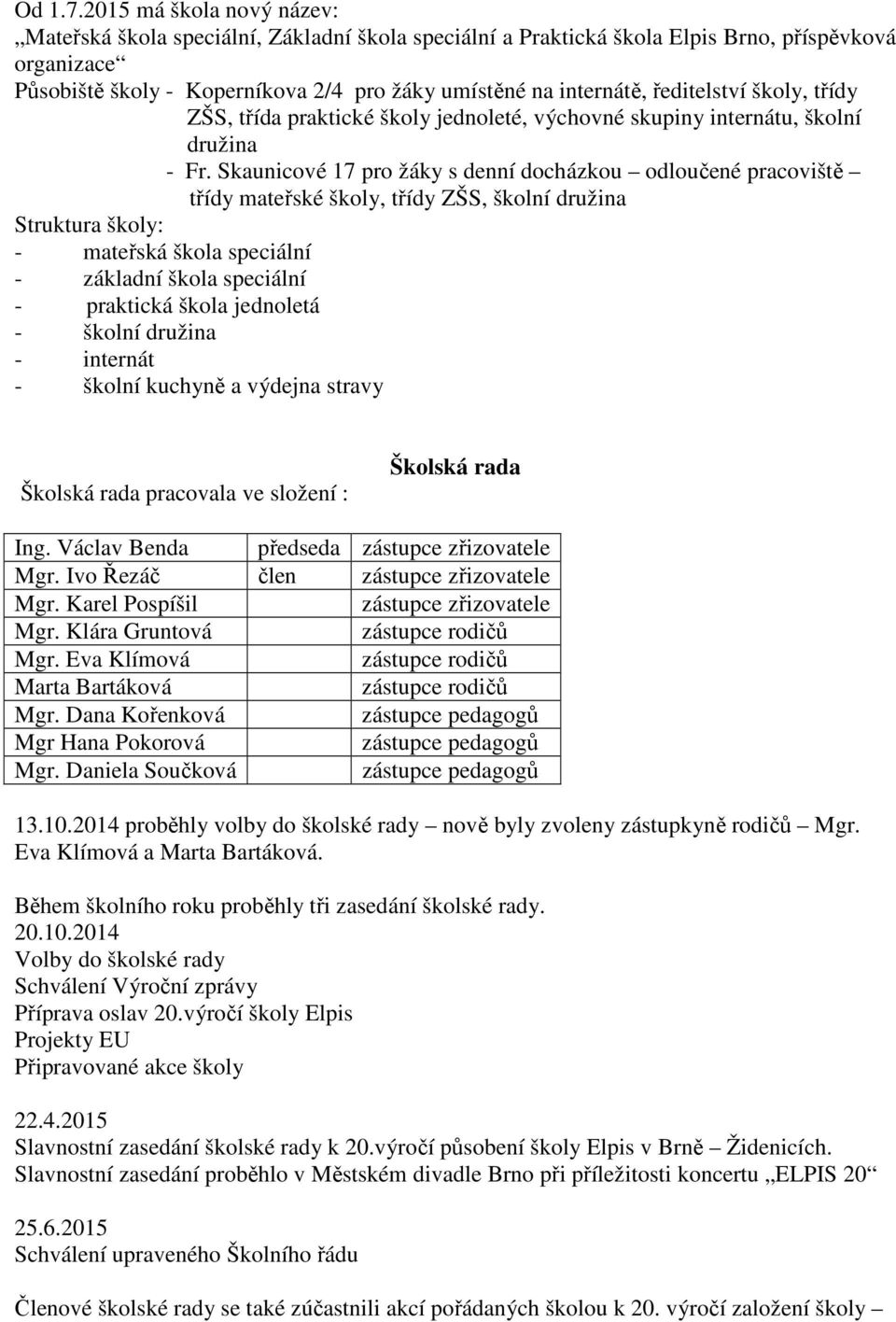 ředitelství školy, třídy ZŠS, třída praktické školy jednoleté, výchovné skupiny internátu, školní družina - Fr.