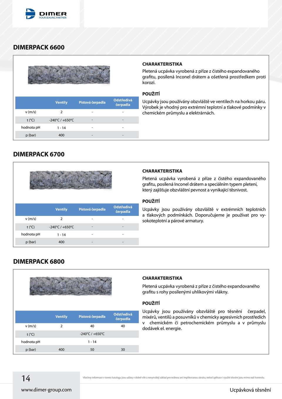 hodnota ph 1-14 - - p (bar) 400 - - DIMERPACK 6700 Pletená ucpávka vyrobená z příze z čistého expandovaného grafitu, posílená Inconel drátem a speciálním typem pletení, který zajišťuje obzvláštní