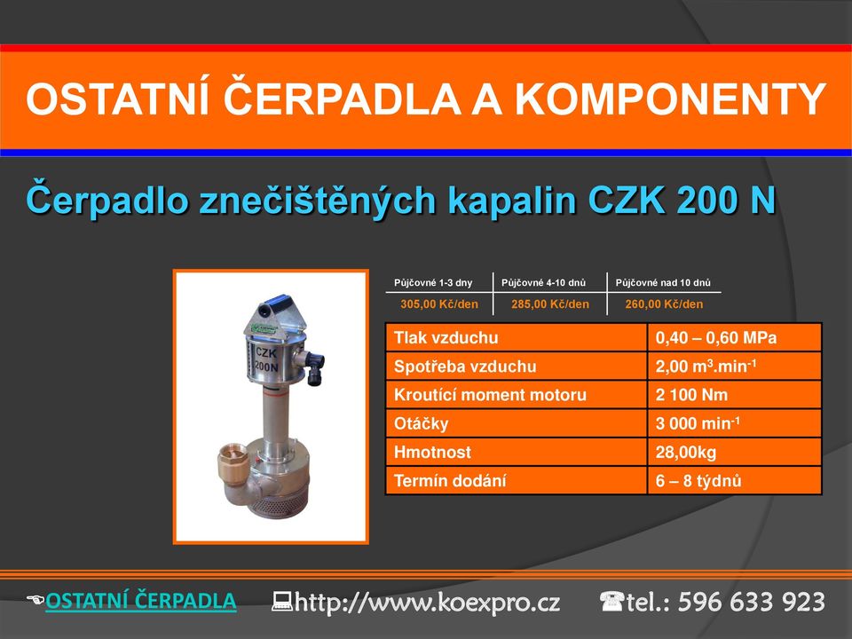 260,00 Kč/den Tlak vzduchu 0,40 0,60 MPa Spotřeba vzduchu 2,00 m 3.