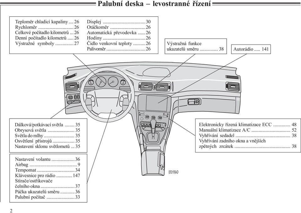 .. 35 Svìtla do mlhy... 35 Osvìtlení pøístrojù... 35 Nastavení sklonu svìtlometù... 35 Elektronicky øízená klimatizace ECC... 48 Manuální klimatizace A/C... 52 Vyhøívání sedadel.