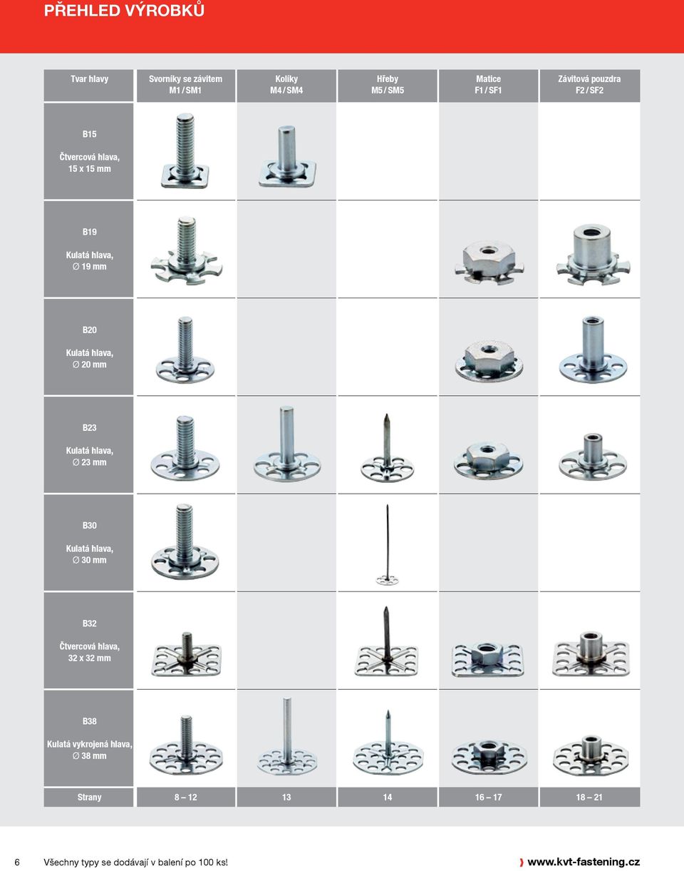 Ø 20 mm B23 Kulatá hlava, Ø 23 mm B30 Kulatá hlava, Ø 30 mm B32 Čtvercová hlava, 32 x 32 mm B38 Kulatá