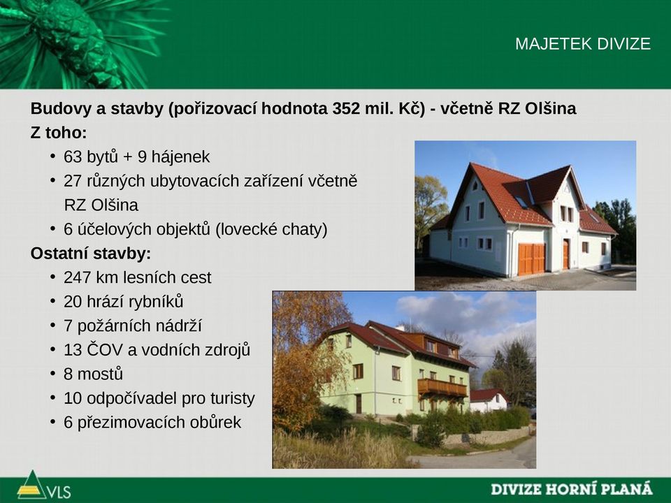 včetně RZ Olšina 6 účelových objektů (lovecké chaty) Ostatní stavby: 247 km lesních