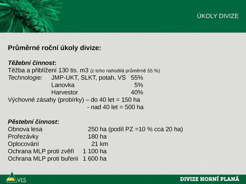 Výchovné zásahy (probírky) do 40 let = 150 ha - nad 40 let = 500 ha Pěstební činnost: Obnova lesa 250 ha