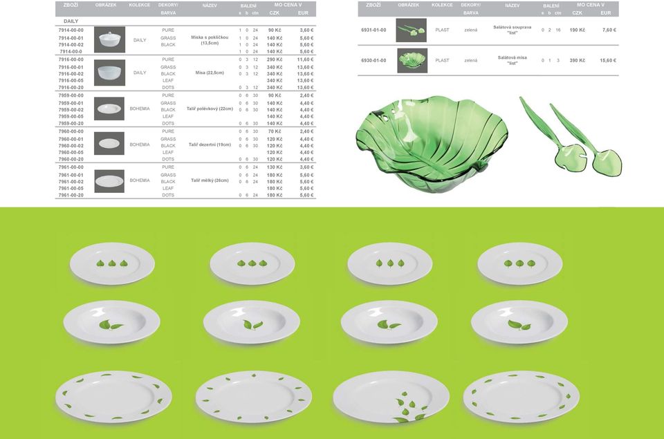 Kč 13,60 7959-00-00 PURE 0 6 30 90 Kč 2,40 7959-00-01 GRASS 0 6 30 140 Kč 4,40 79590002 7959-00-02 BOHEMIA BLACK Talíř polévkový (22cm) 0 6 30 140 Kč 440 4,40 7959-00-05 LEAF 140 Kč 4,40 7959-00-20