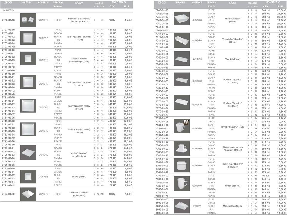 4 48 140 Kč 5,60 7709-00-01 GRASS 0 4 48 190 Kč 7,60 7709-00-02 BLACK 0 4 48 190 Kč 7,60 Miska "Quadro" 7709-00-03 QUADRO IRIS 0 4 48 190 Kč 7,60 polévková (14,7cm) 7709-00-04 PIANTA 0 4 48 190 Kč
