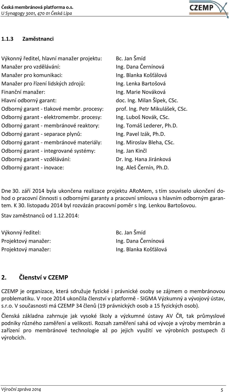 procesy: Odborný garant - membránové reaktory: Odborný garant - separace plynů: Odborný garant - membránové materiály: Odborný garant - integrované systémy: Odborný garant - vzdělávání: Odborný