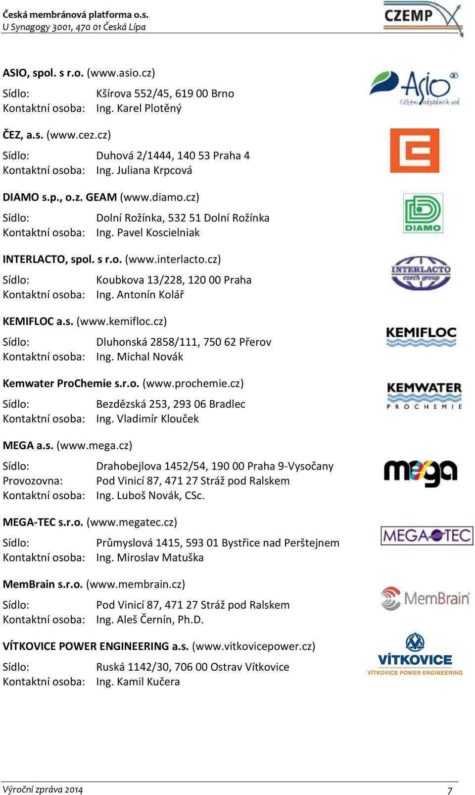 Antonín Kolář Dluhonská 2858/111, 750 62 Přerov Ing. Michal Novák Kemwater ProChemie s.r.o. (www.prochemie.cz) MEGA a.s. (www.mega.cz) Provozovna: Bezdězská 253, 293 06 Bradlec Ing.