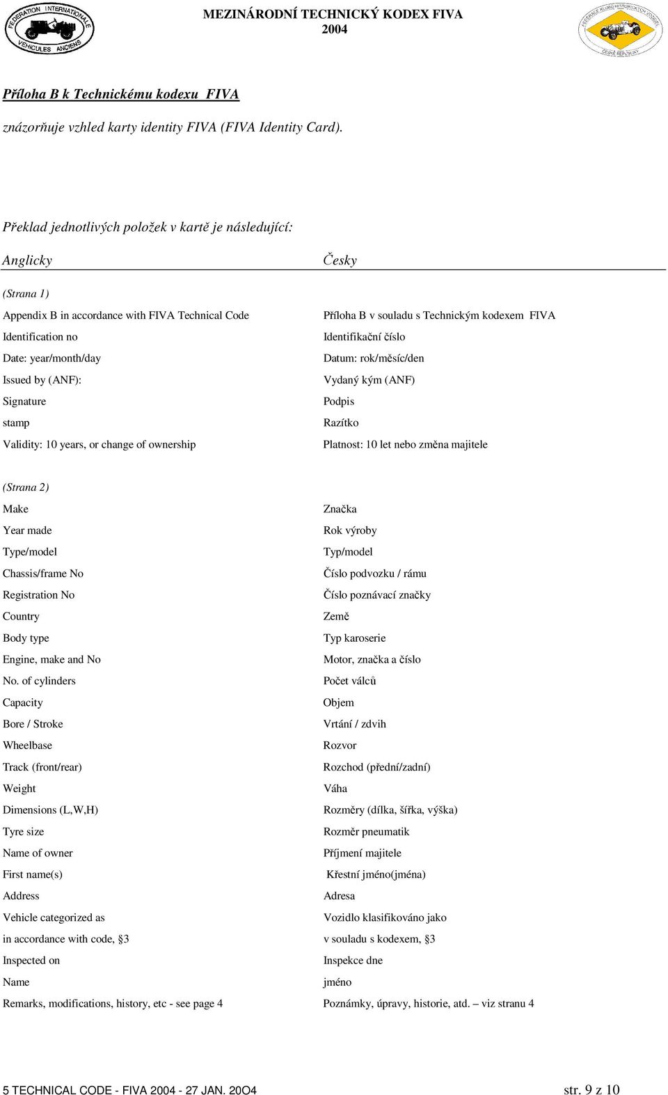 stamp Validity: 10 years, or change of ownership Příloha B v souladu s Technickým kodexem FIVA Identifikační číslo Datum: rok/měsíc/den Vydaný kým (ANF) Podpis Razítko Platnost: 10 let nebo změna