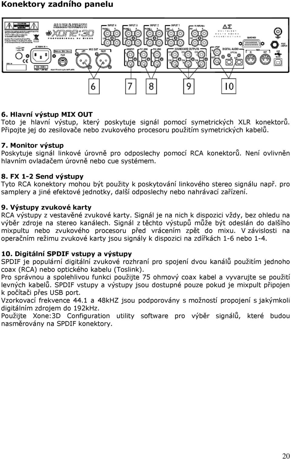 Není ovlivněn hlavním ovladačem úrovně nebo cue systémem. 8. FX 1-2 Send výstupy Tyto RCA konektory mohou být použity k poskytování linkového stereo signálu např.