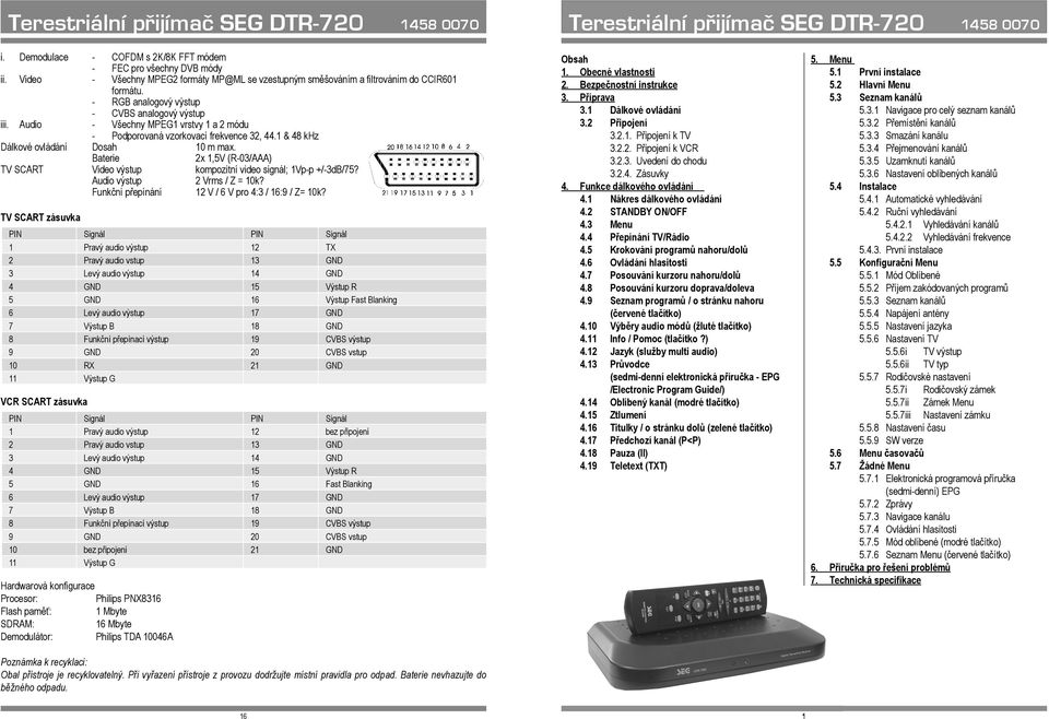 Baterie 2x 1,5V (R-03/AAA) TV SCART Video výstup kompozitní video signál; 1Vp-p +/-3dB/75? Audio výstup 2 Vrms / Z = 10k? Funkční přepínání 12 V / 6 V pro 4:3 / 16:9 / Z= 10k?