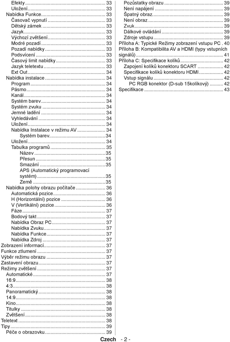 .. 34 Nabídka Instalace v režimu AV... 34 Systém barev...34 Uložení... 34 Tabulka programů... 35 Název...35 Přesun...35 Smazání...35 APS (Automatický programovací systém)...35 Země.