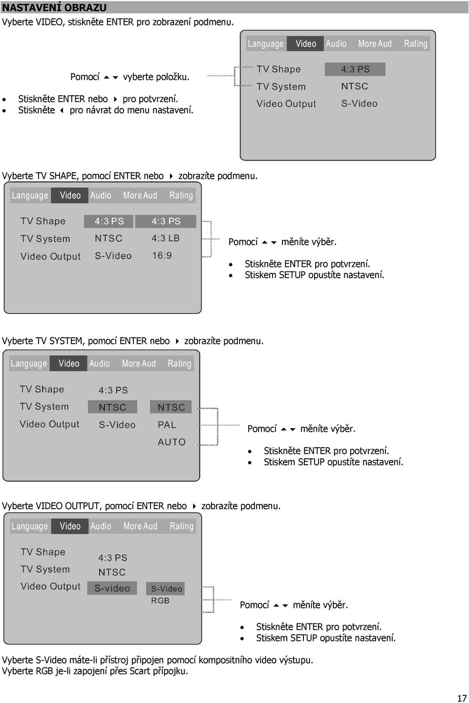 Vyberte TV SYSTEM, pomocí ENTER nebo zobrazíte podmenu. Pomocí měníte výběr. Stiskněte ENTER pro potvrzení. Stiskem SETUP opustíte nastavení.