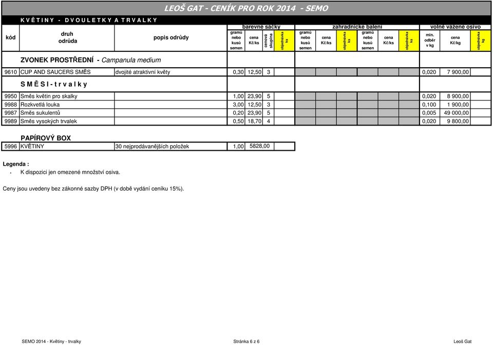 49 000,00 9989 Směs vysokých trvalek 0,50 18,70 4 0,020 9 800,00 PAPÍROVÝ BOX 5996 KVĚTINY 30 nejprodávanějších položek 1,00 5828,00 Legenda : * K