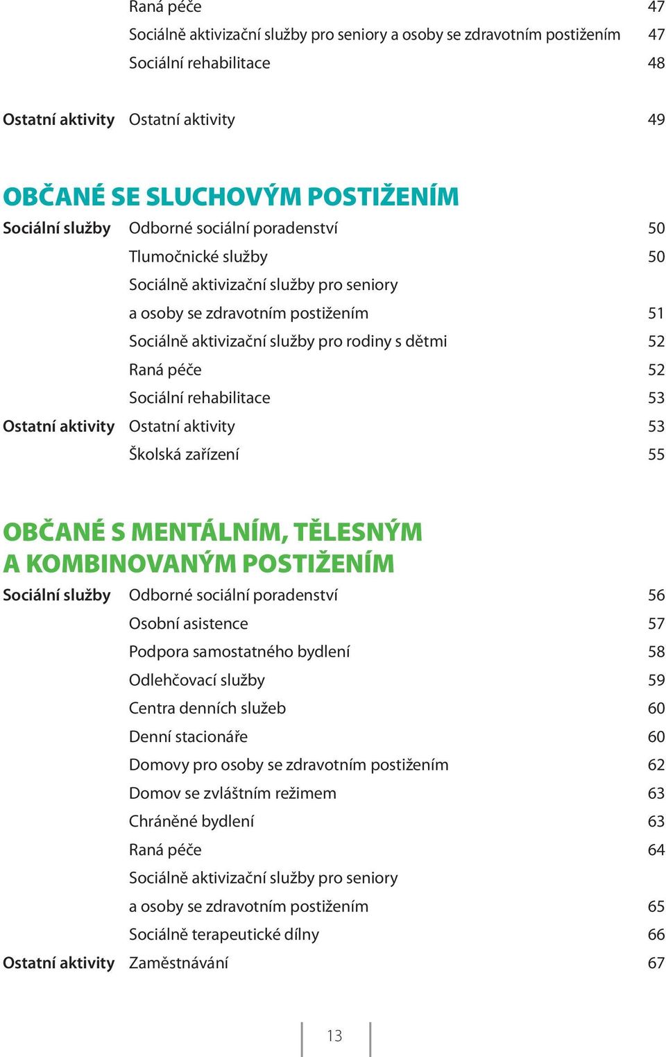 Sociální rehabilitace 53 Ostatní aktivity Ostatní aktivity 53 Školská zařízení 55 OBČANÉ S MENTÁLNÍM, TĚLESNÝM A KOMBINOVANÝM POSTIŽENÍM Sociální služby Odborné sociální poradenství 56 Osobní