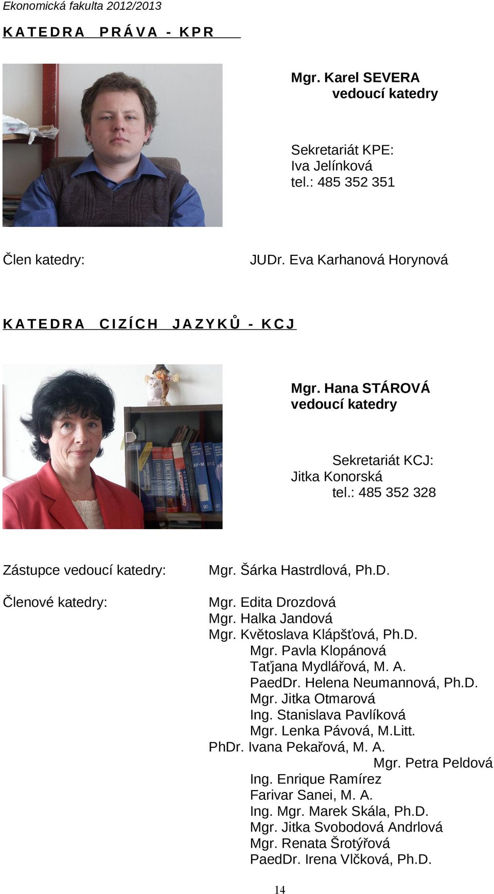 Květoslava Klápšťová, Ph.D. Mgr. Pavla Klopánová Taťjana Mydlářová, M. A. PaedDr. Helena Neumannová, Ph.D. Mgr. Jitka Otmarová Ing. Stanislava Pavlíková Mgr. Lenka Pávová, M.Litt. PhDr.