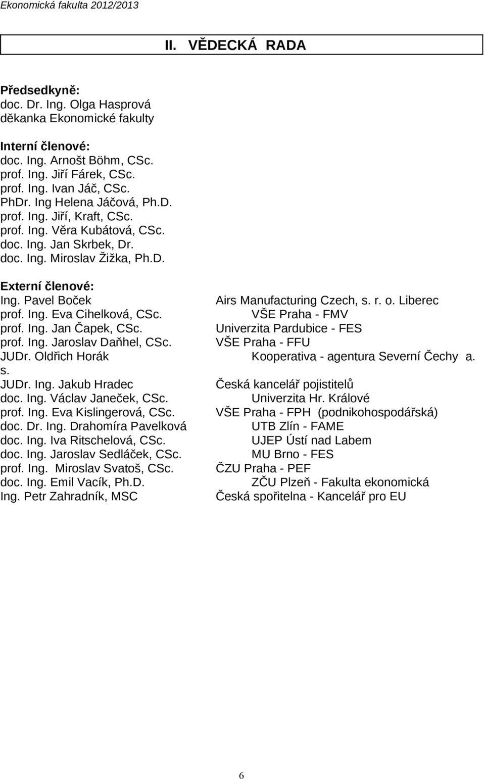 prof. Ing. Jan Čapek, CSc. prof. Ing. Jaroslav Daňhel, CSc. JUDr. Oldřich Horák s. JUDr. Ing. Jakub Hradec doc. Ing. Václav Janeček, CSc. prof. Ing. Eva Kislingerová, CSc. doc. Dr. Ing. Drahomíra Pavelková doc.