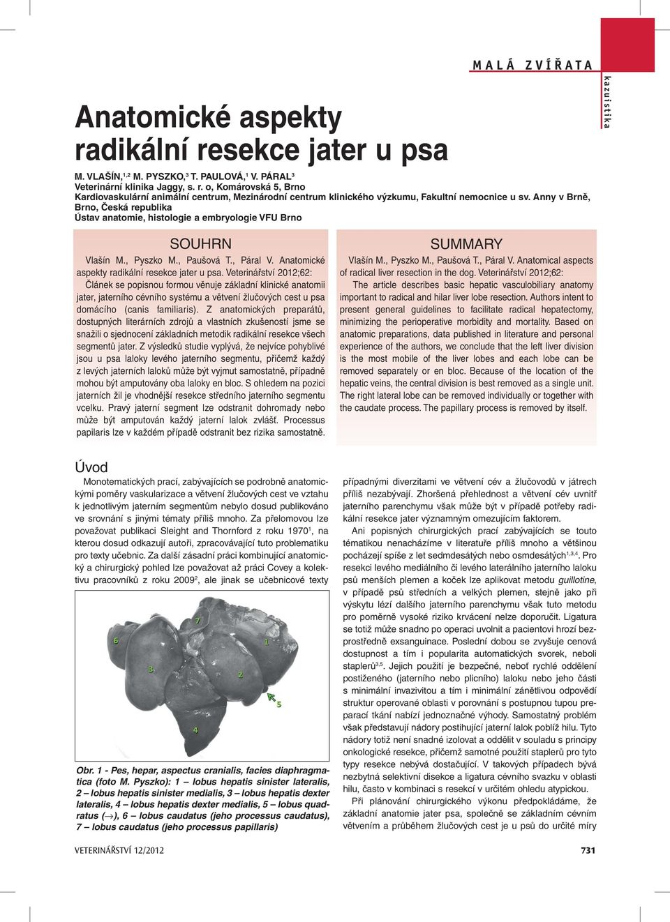 Veterinářství 2012;62: Článek se popisnou formou věnuje základní klinické anatomii jater, jaterního cévního systému a větvení žlučových cest u psa domácího (canis familiaris).