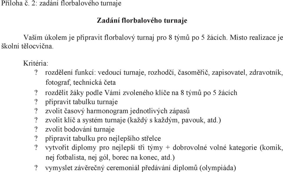 rozdělit žáky podle Vámi zvoleného klíče na 8 týmů po 5 žácích? připravit tabulku turnaje? zvolit časový harmonogram jednotlivých zápasů?