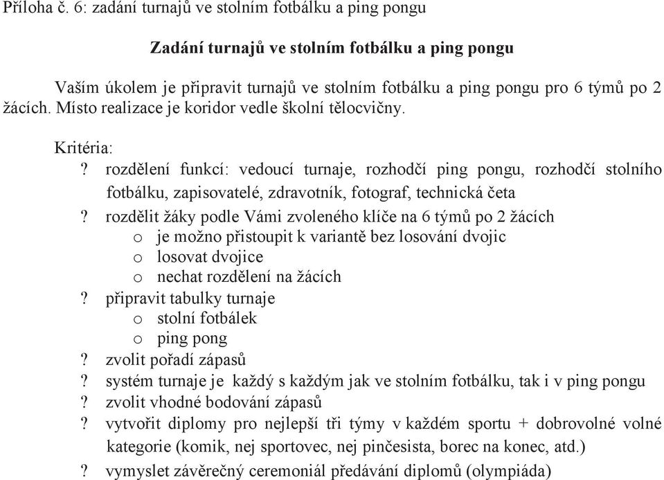 rozdělit žáky podle Vámi zvoleného klíče na 6 týmů po 2 žácích o je možno přistoupit k variantě bez losování dvojic o losovat dvojice o nechat rozdělení na žácích?