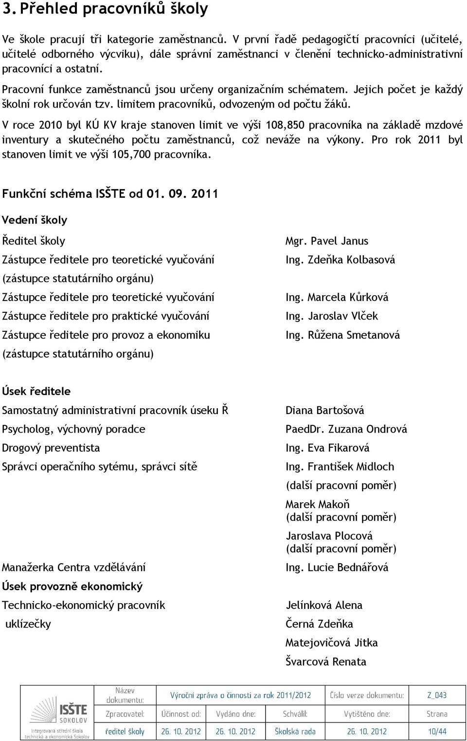 Pracovní funkce zaměstnanců jsou určeny organizačním schématem. Jejich počet je každý školní rok určován tzv. limitem pracovníků, odvozeným od počtu žáků.