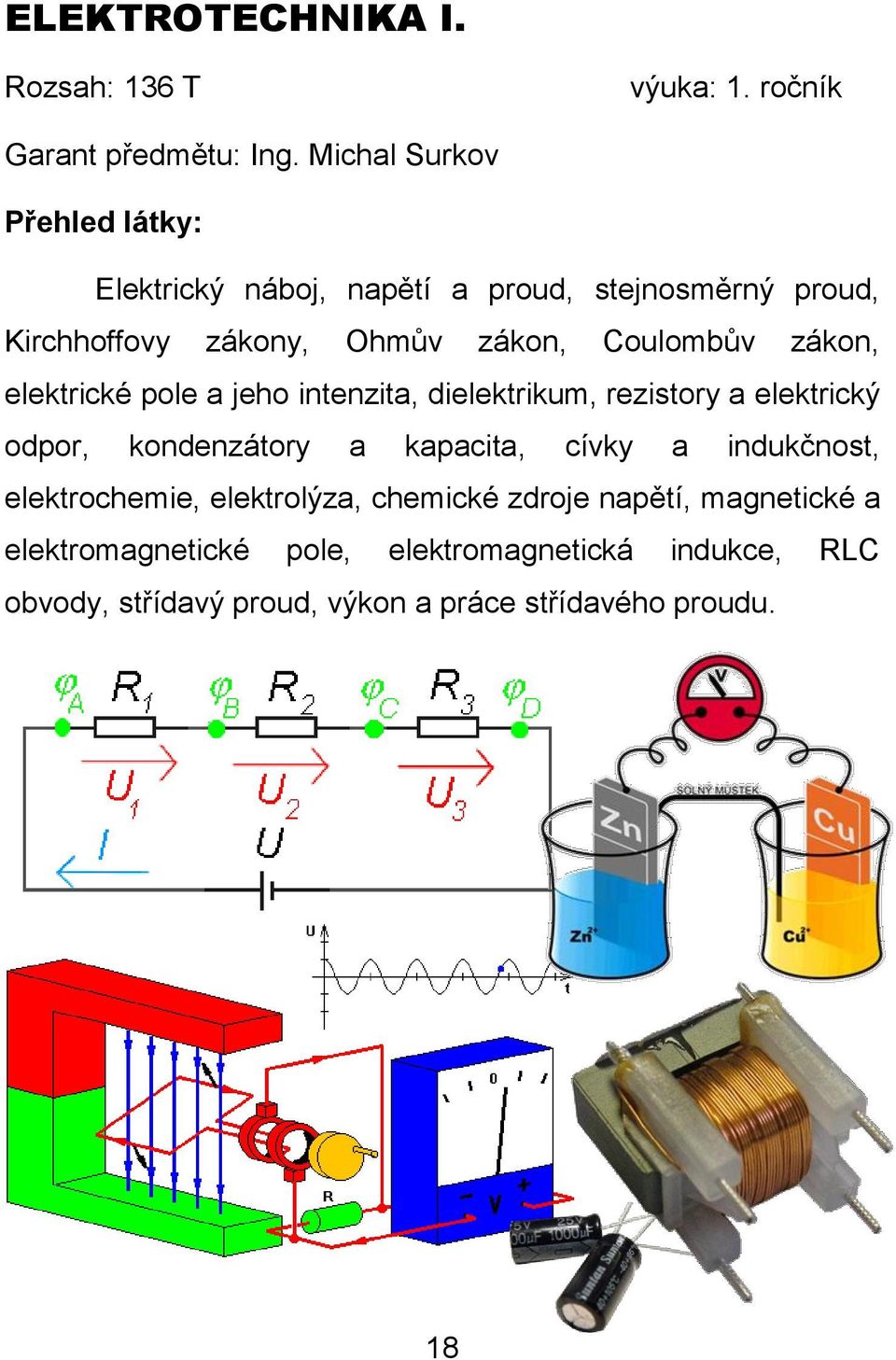 elektrické pole a jeho intenzita, dielektrikum, rezistory a elektrický odpor, kondenzátory a kapacita, cívky a indukčnost,