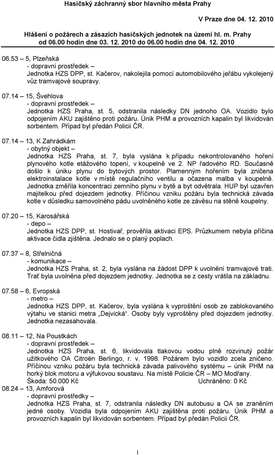 5, odstranila následky DN jednoho OA. Vozidlo bylo odpojením AKU zajištěno proti poţáru. Únik PHM a provozních kapalin byl likvidován sorbentem. Případ byl 07.