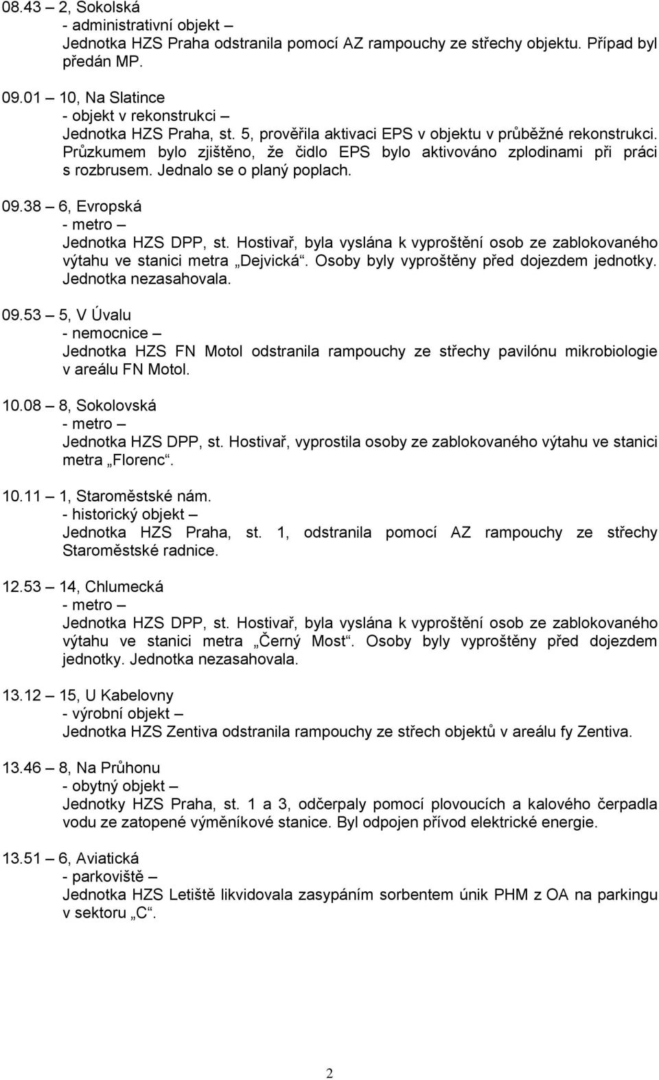 38 6, Evropská Jednotka HZS DPP, st. Hostivař, byla vyslána k vyproštění osob ze zablokovaného výtahu ve stanici metra Dejvická. Osoby byly vyproštěny před dojezdem jednotky. Jednotka nezasahovala.