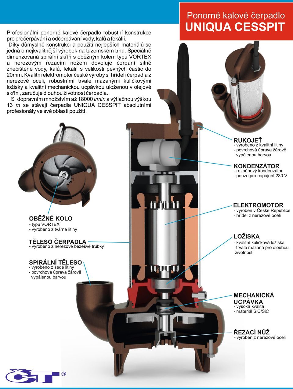 Speciálně dimenzovaná spirální skříň s oběžným kolem typu VORTEX a nerezovým řezacím nožem dovoluje čerpání silně znečištěné vody, kalů, fekálií s velikosti pevných částic do mm.