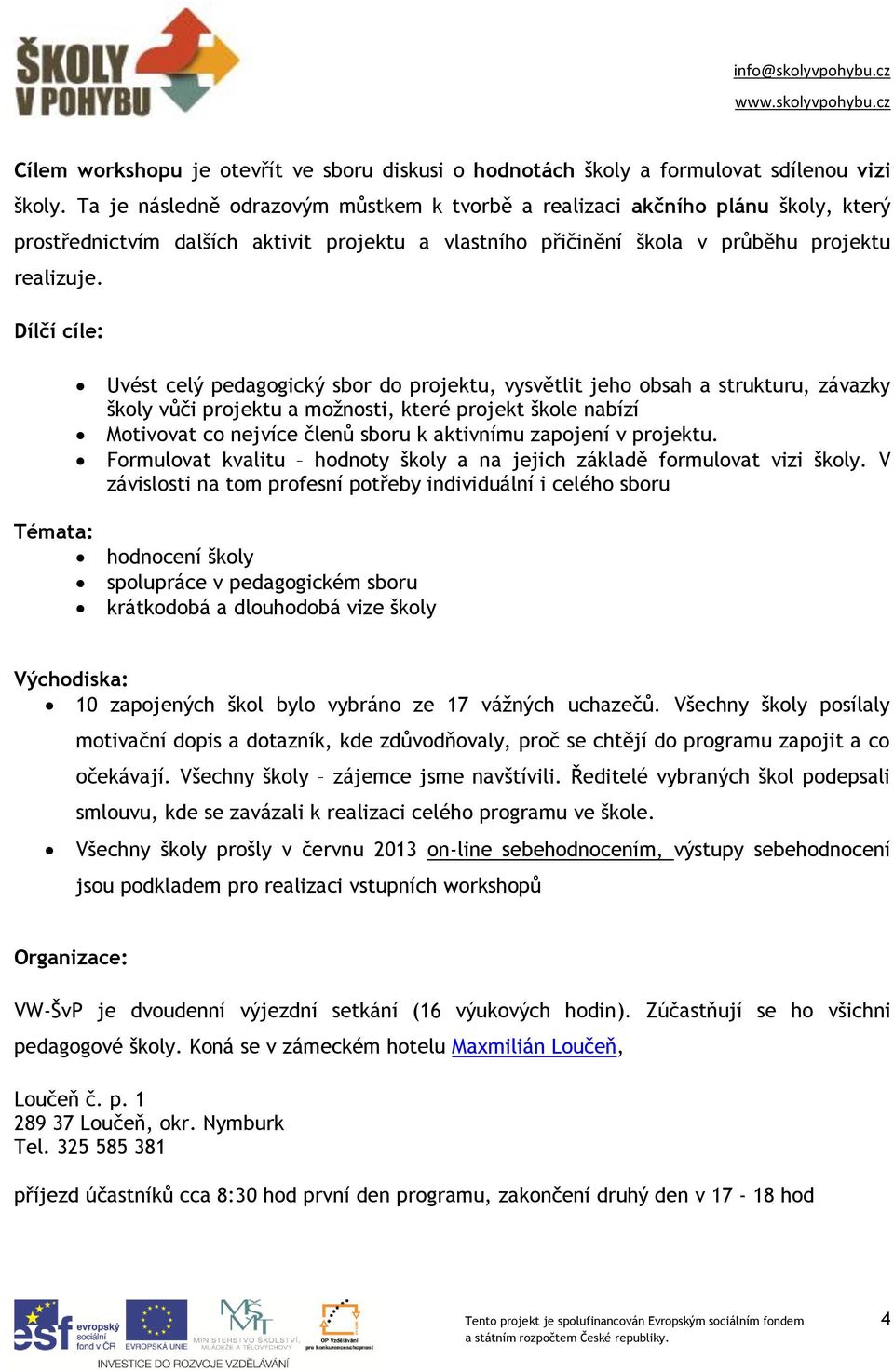 Dílčí cíle: Témata: Uvést celý pedagogický sbor do projektu, vysvětlit jeho obsah a strukturu, závazky školy vůči projektu a možnosti, které projekt škole nabízí Motivovat co nejvíce členů sboru k