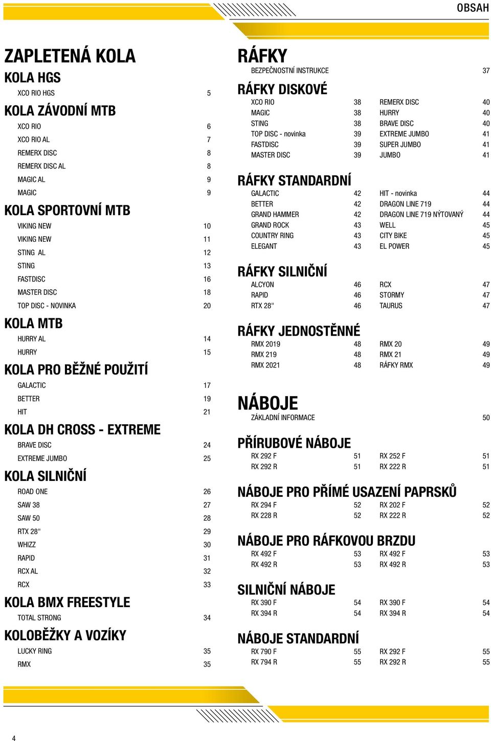 SILNIČNÍ ROAD ONE 26 SAW 38 27 SAW 50 28 RTX 28" 29 WHIZZ 30 RAPID 31 RCX AL 32 RCX 33 KOLA BMX freestyle TOTAL STRONG 34 KOLOBĚŽKY A VOZÍKY LUCKY RING 35 RMX 35 ráfky bezpečnostní instrukce 37 Ráfky