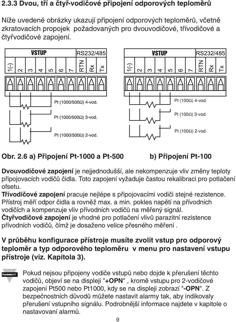 vod. Obr. 2.6 a) Pfiipojení Pt-1000 a Pt-500 b) Pfiipojení Pt-100 Dvouvodiãové zapojení je nejjednodu í, ale nekompenzuje vliv zmûny teploty pfiipojovacích vodiãû ãidla.